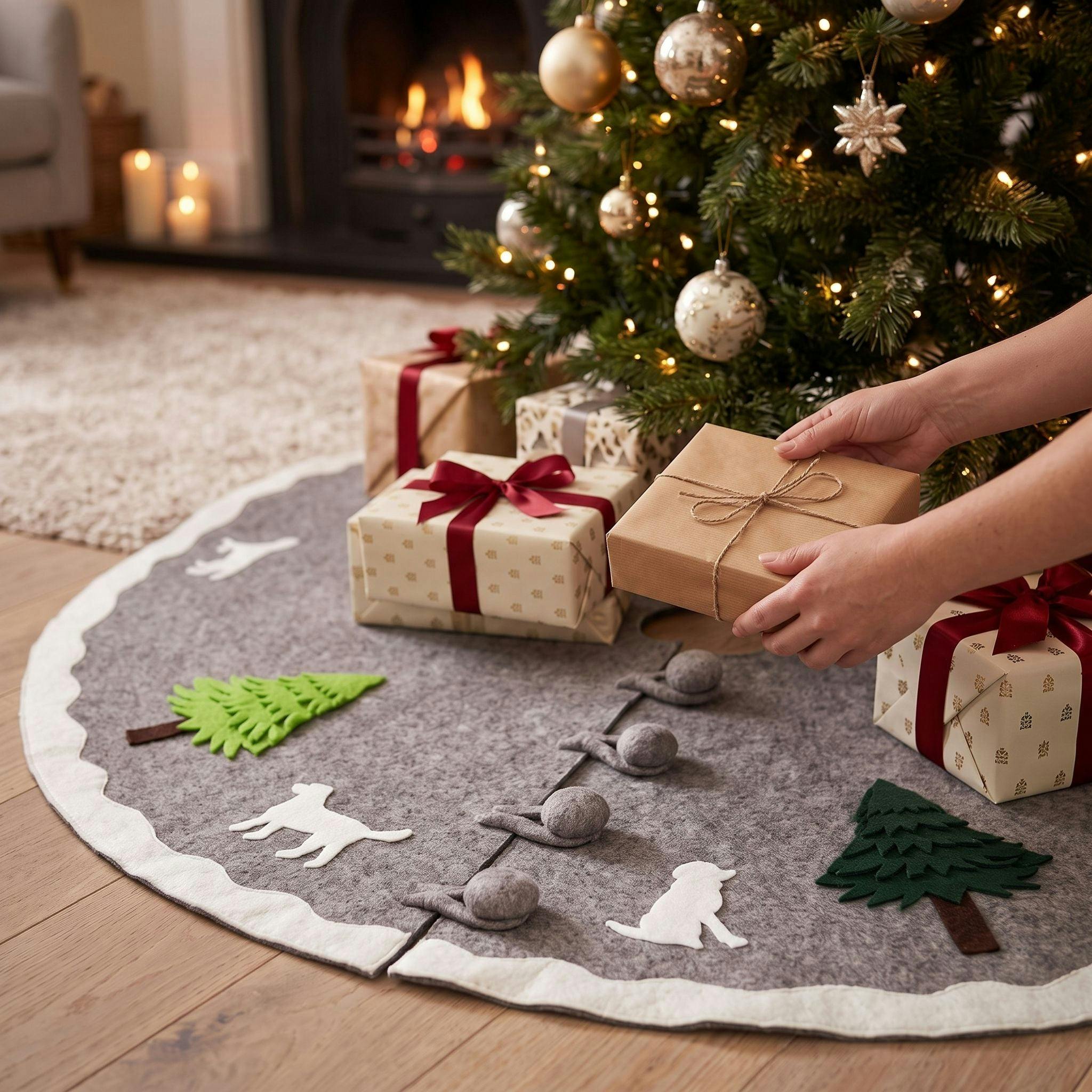 Cream Dogs and Green Trees Christmas Tree Skirt Gray Hand Felted Wool - 60