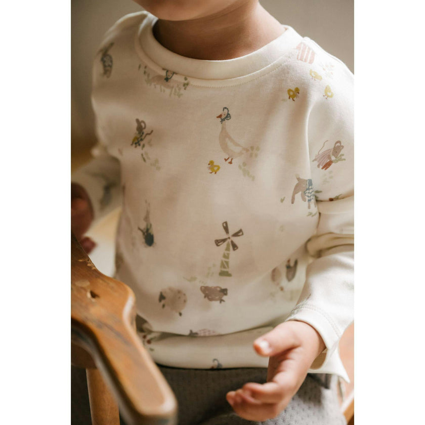 Dropped Shoulder Long Sleeve Top - On the Farm, White