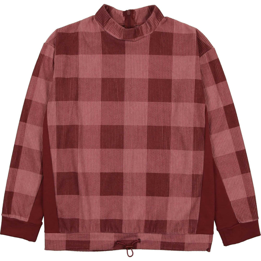 Corduroy Plaid Mao Collar Long Sleeve Toggle Top