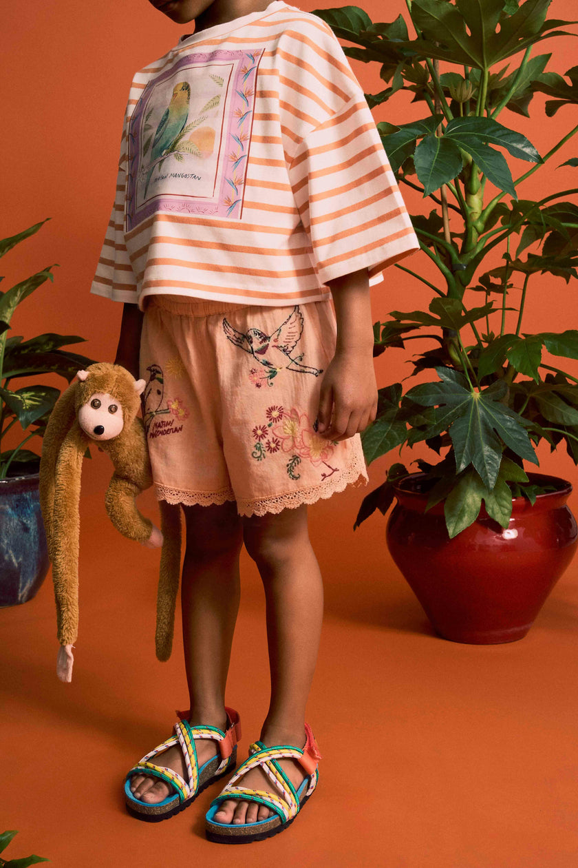 BIRDS EMBROIDERED SHORTS PEACH