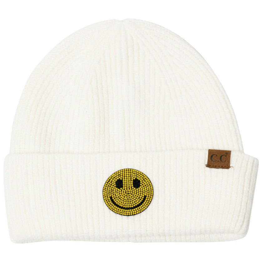 Beanie with Rhinestone Happy Face Patch