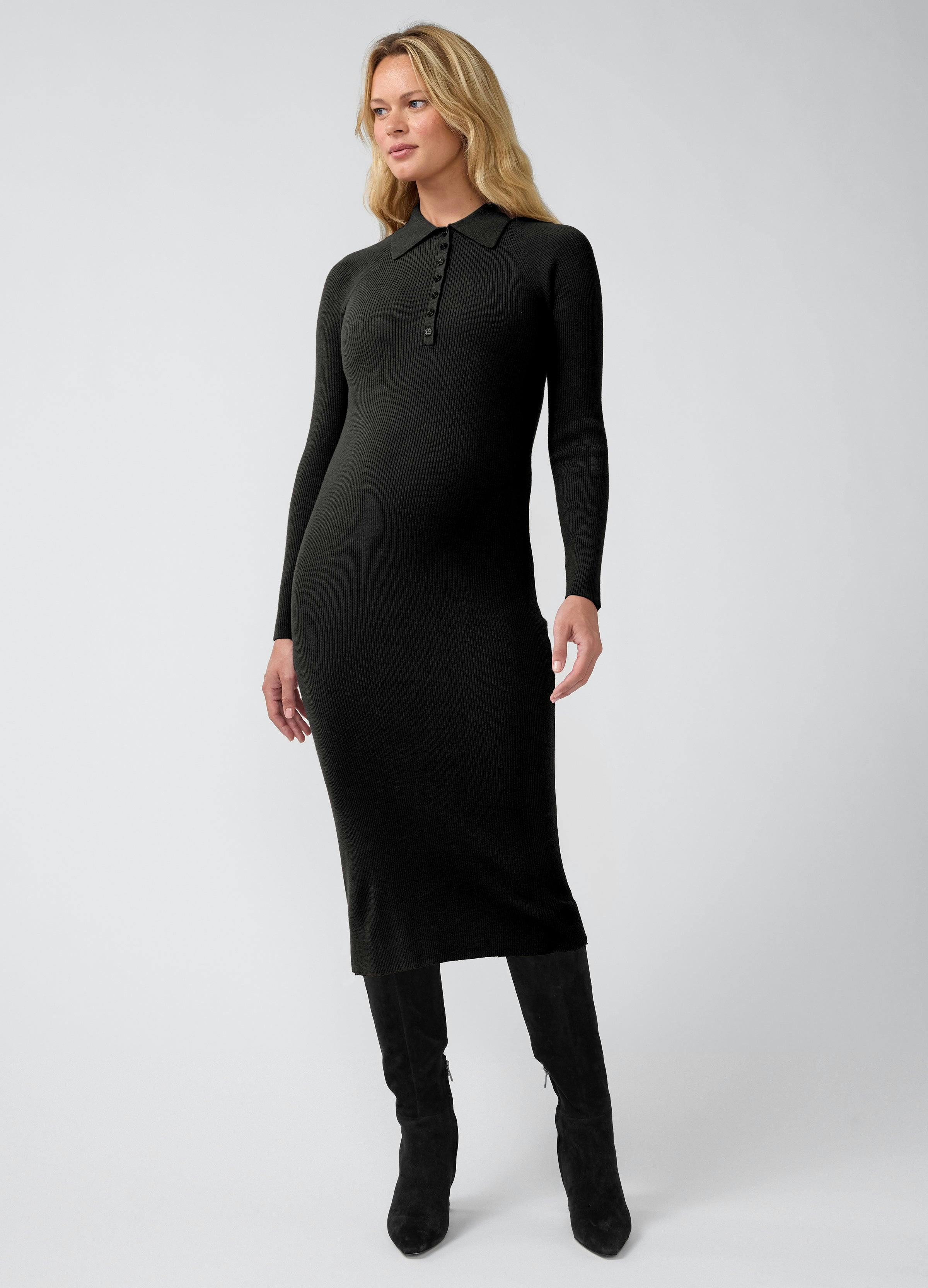 Ribbed Polo Maternity Nursing Midi Dress