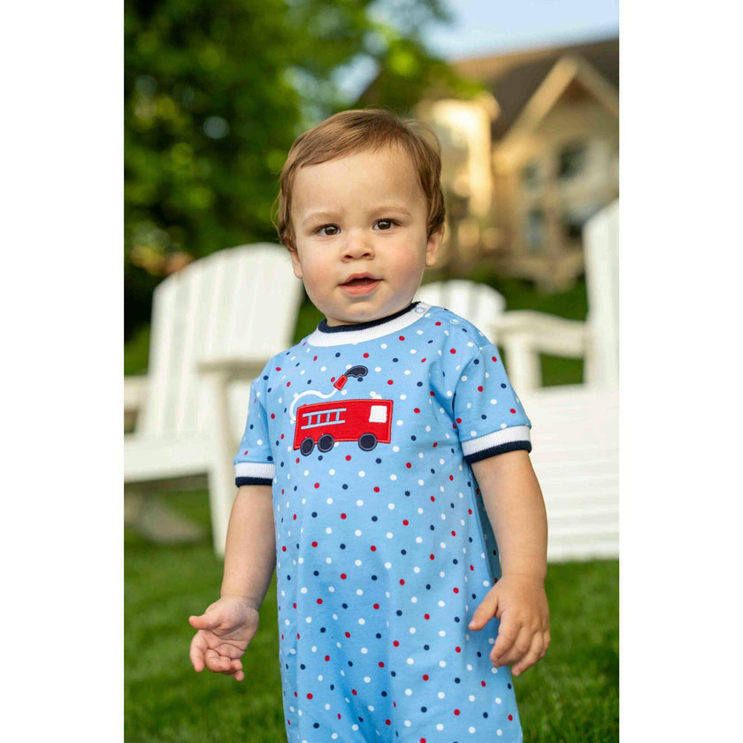 Printed Knit Shortall With Fire Truck