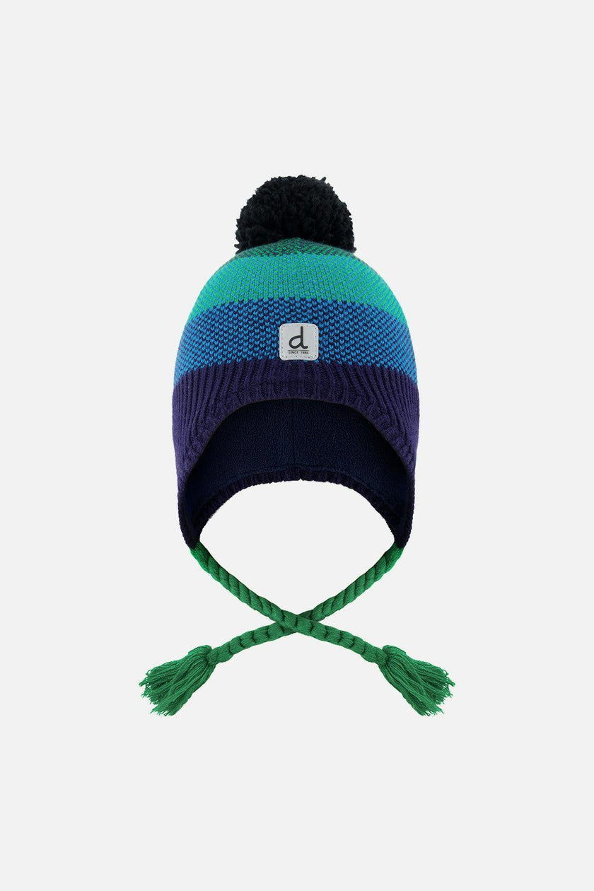 Winter Peruvian Knit Hat with Pompom Blue and Green Knit