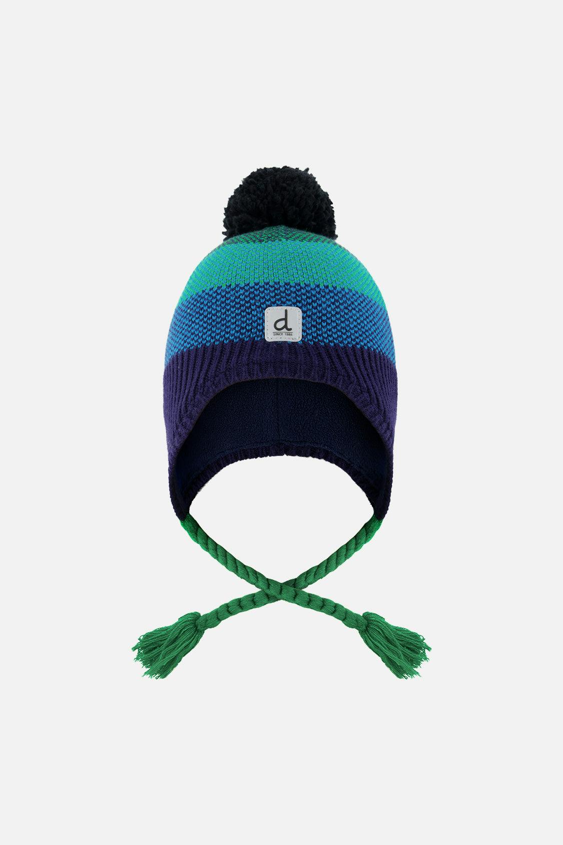 Winter Peruvian Knit Hat with Pompom Blue and Green Knit