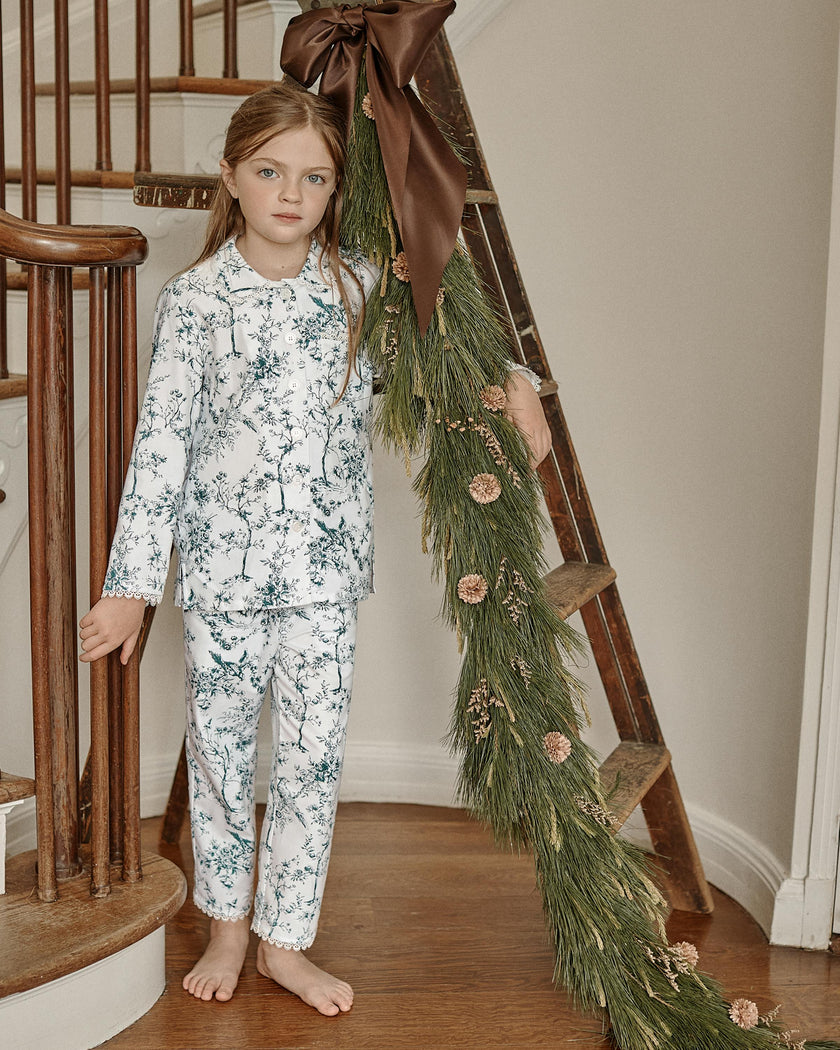 Kid's Twill Grace Pajama Set in Evergreen Timeless Toile