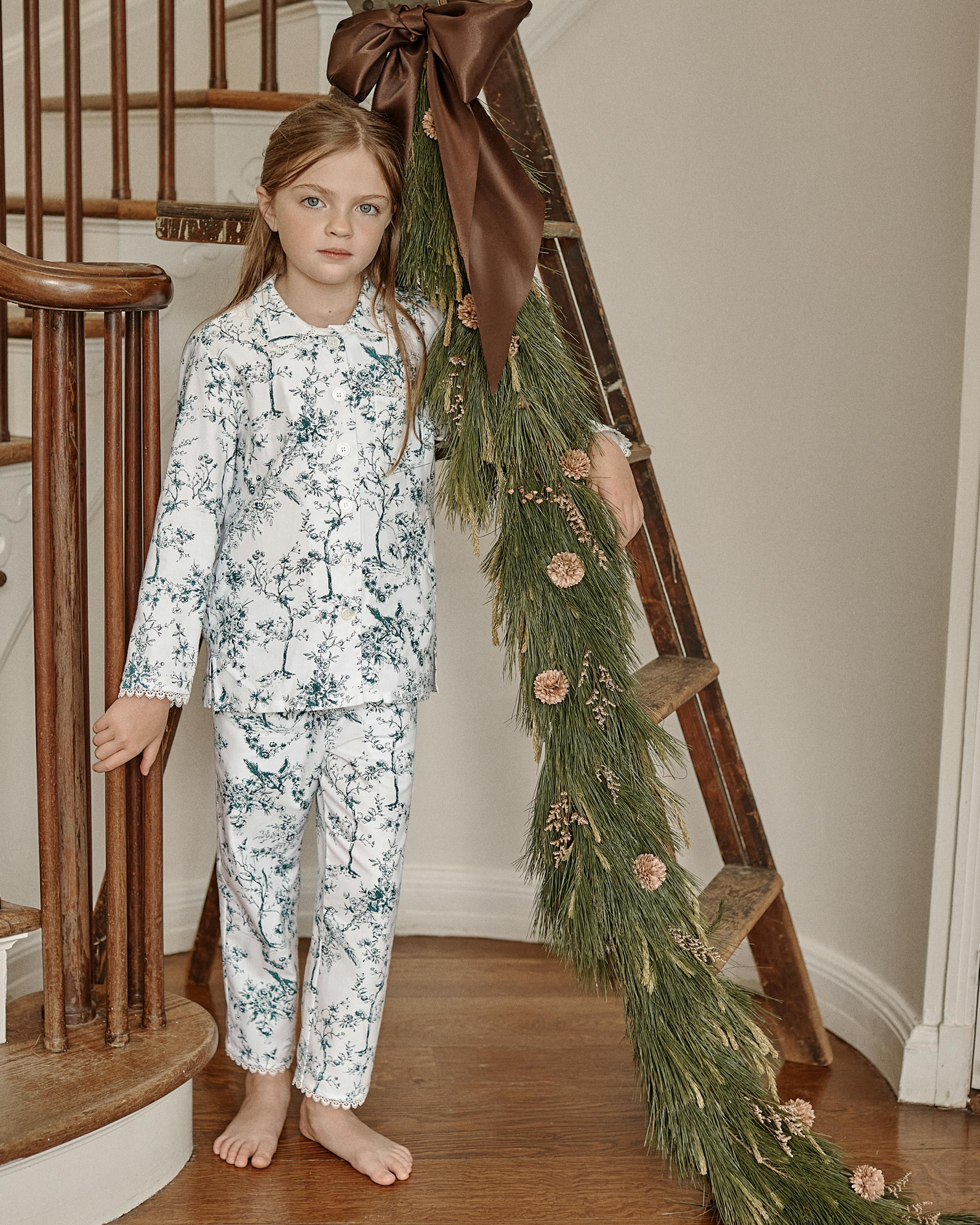Kid's Twill Grace Pajama Set in Evergreen Timeless Toile