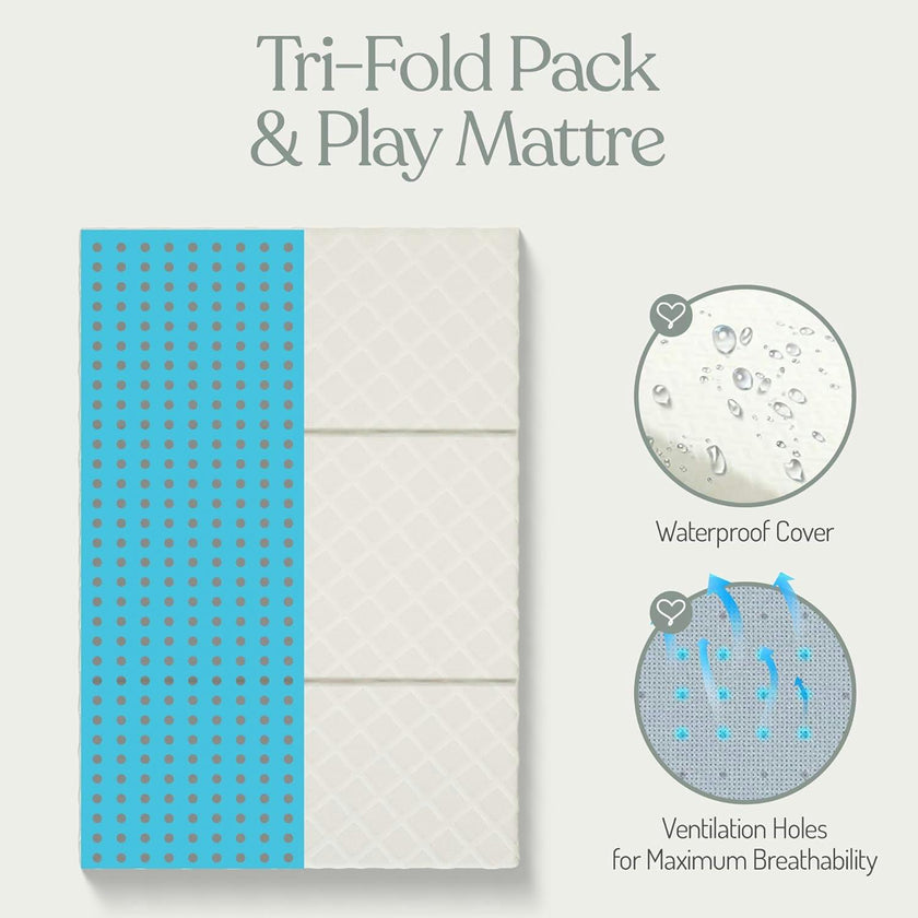 Trifold Pack and Play Mattress - Waterproof Washable Removable Cover