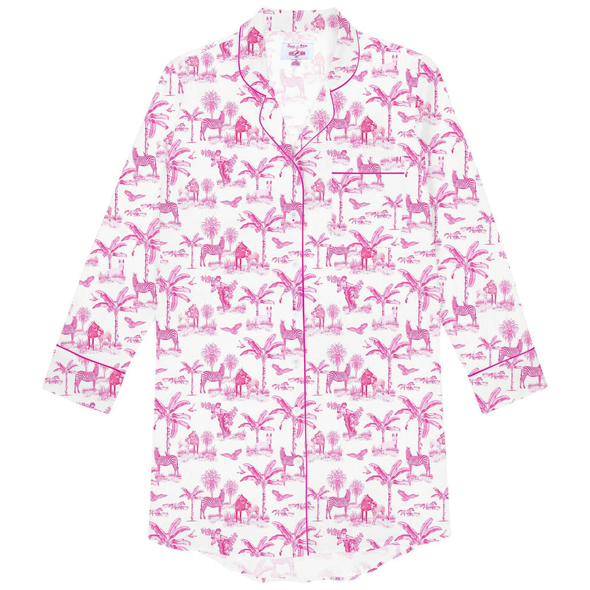 Women's Skydog Toile Pink Night Shirt - Organic Cotton Poplin