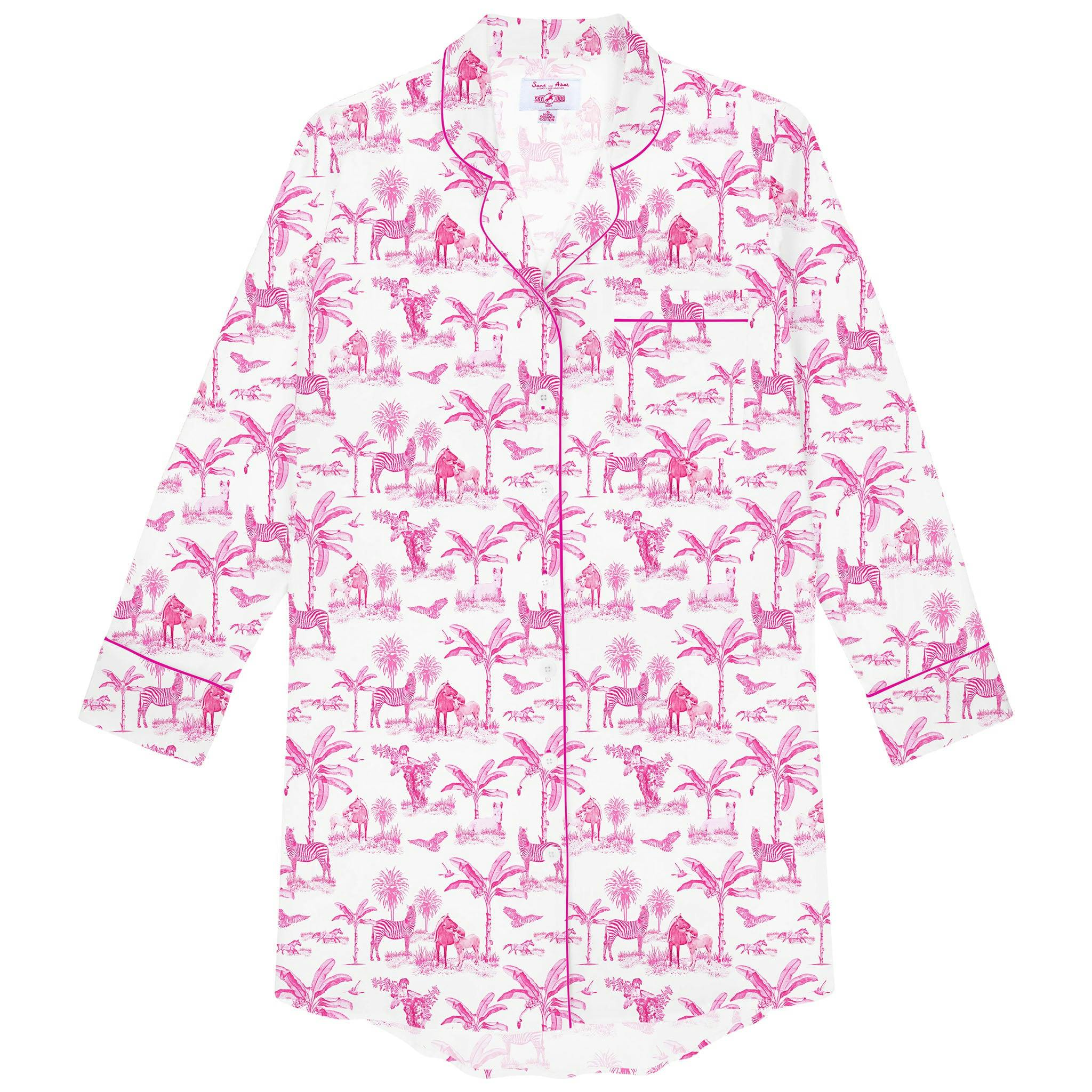 Women's Skydog Toile Pink Night Shirt - Organic Cotton Poplin