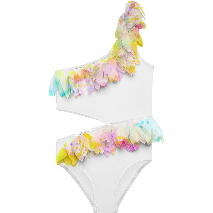 Citrus Petal Trim Side-Cut One Shoulder Sleeveless Swimsuit