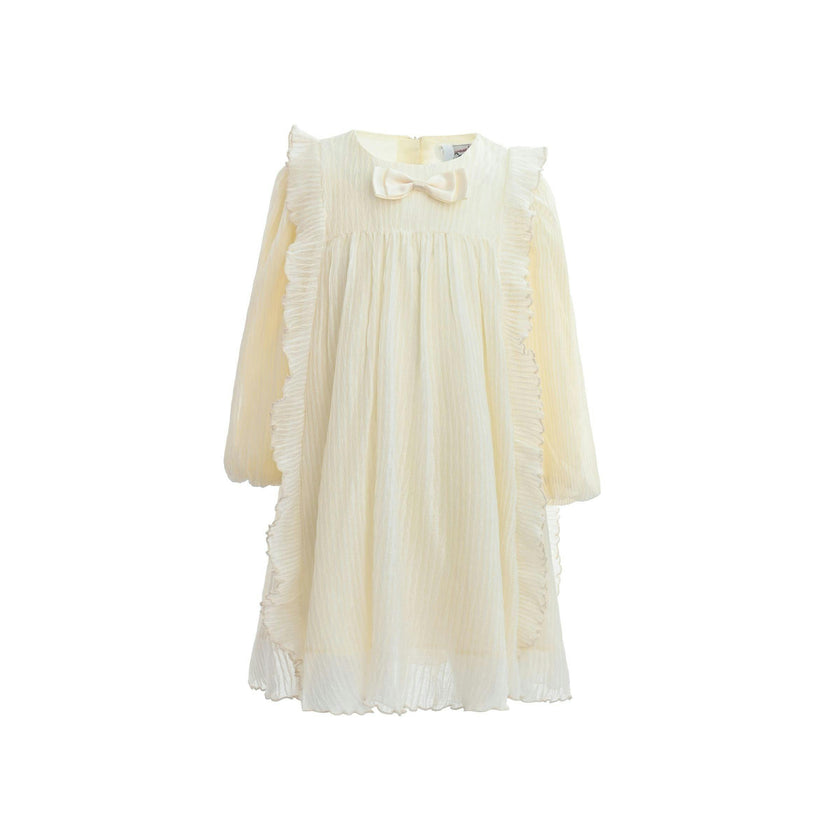 Cream Pleated Bow Dress