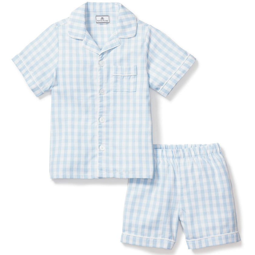 Kid's Twill Pajama Short Set in Light Blue Gingham