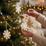 Hand Felted Wool Christmas Garland and Bunting - Multicolor Dots White Snowflakes - 6'