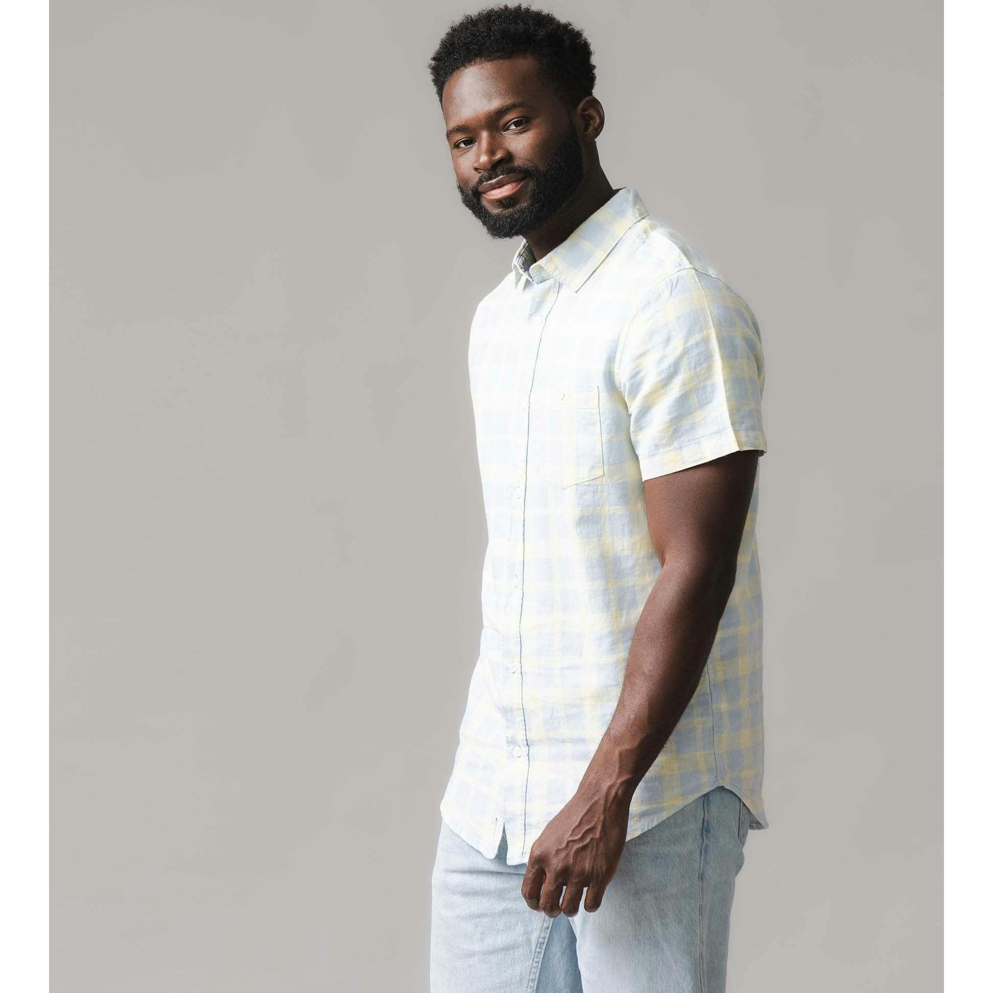 Linen Short Sleeve Button Down Shirt, Blue
