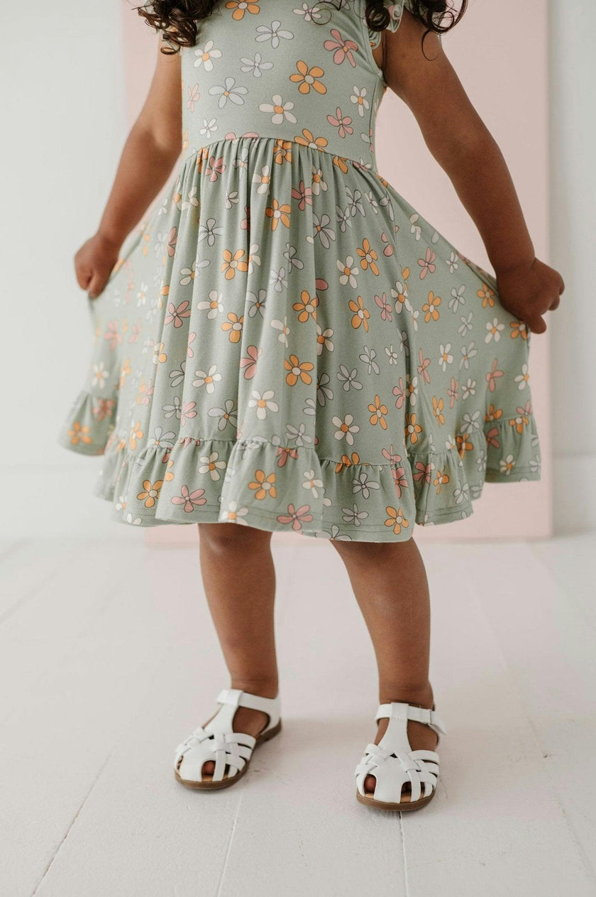 Girls Sleeveless Twirl Dress in Sketched Daisy