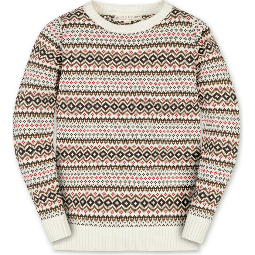 Organic Long Sleeve Intarsia Crew Neck Pullover Sweater, Brown