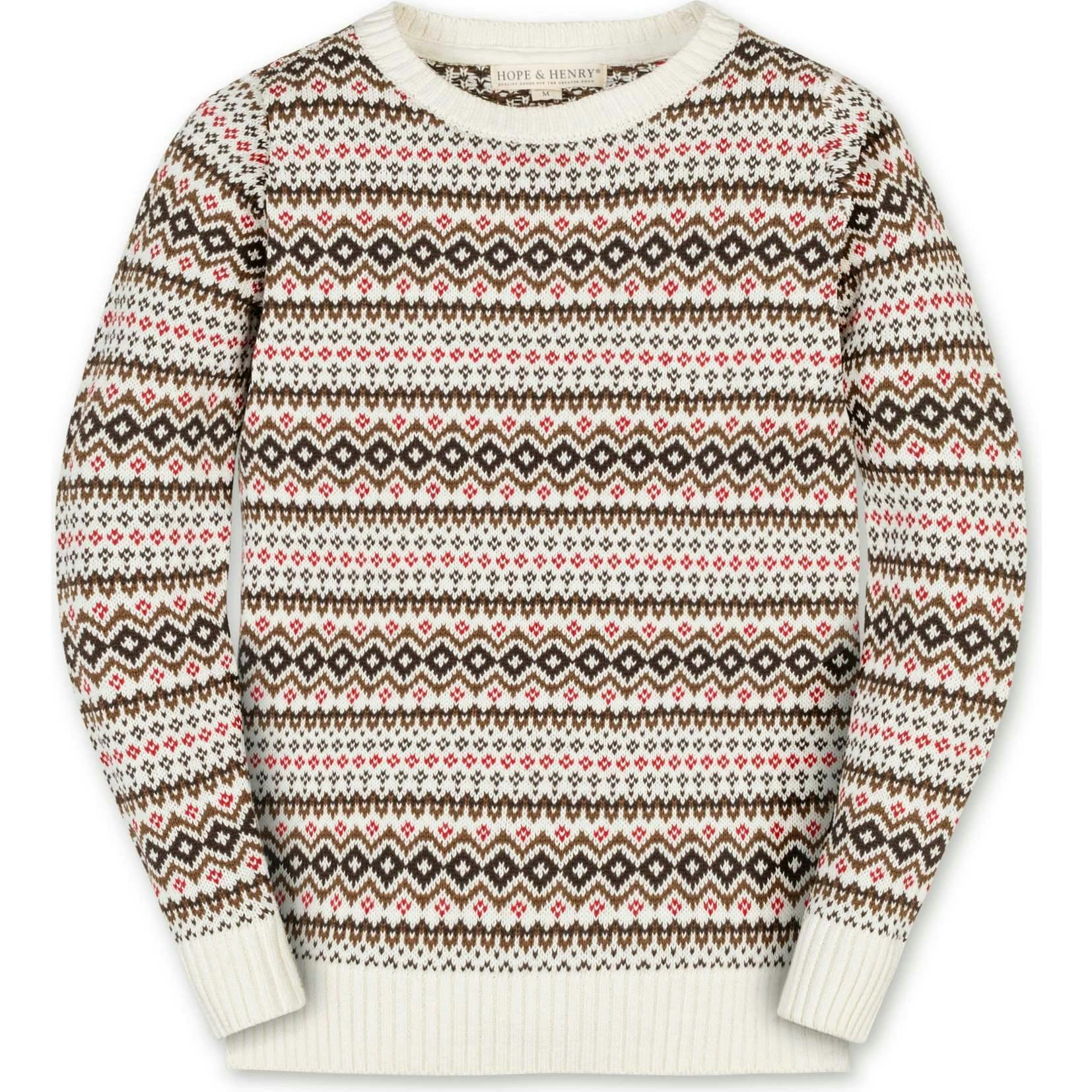 Organic Long Sleeve Intarsia Crew Neck Pullover Sweater, Brown