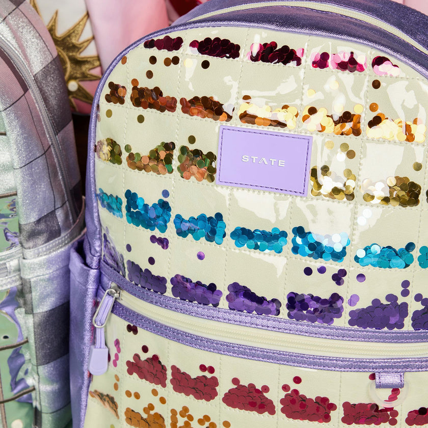Kane Double Pocket Backpack, Metallic Lilac Quilted Sequins