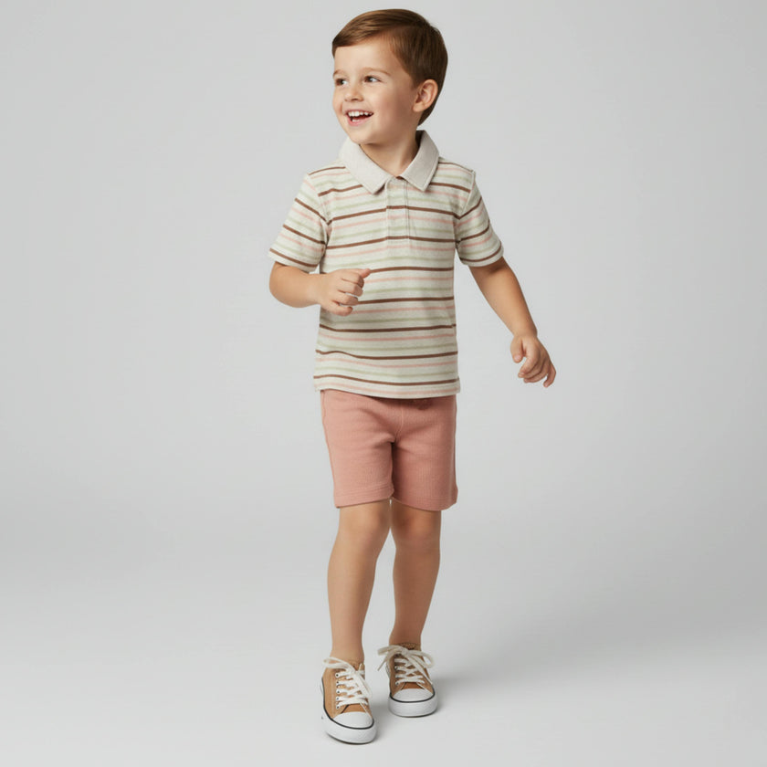Organic Collar Tee & Shorts Set - Terra Stripes