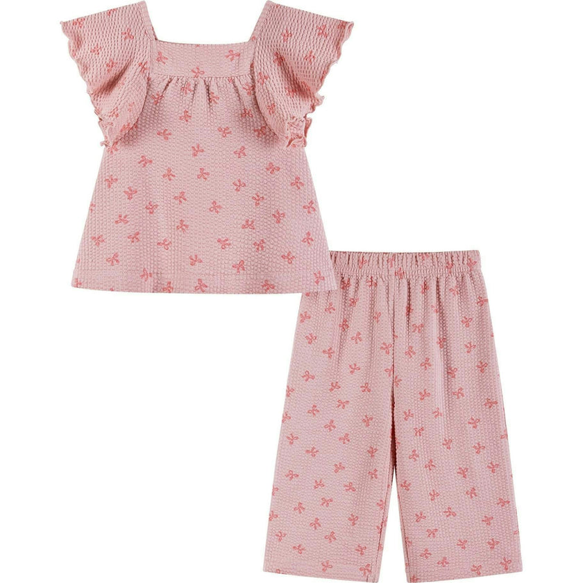 Infant Girls Knit Seersucker Top & Pant Set | Pink Bow Print