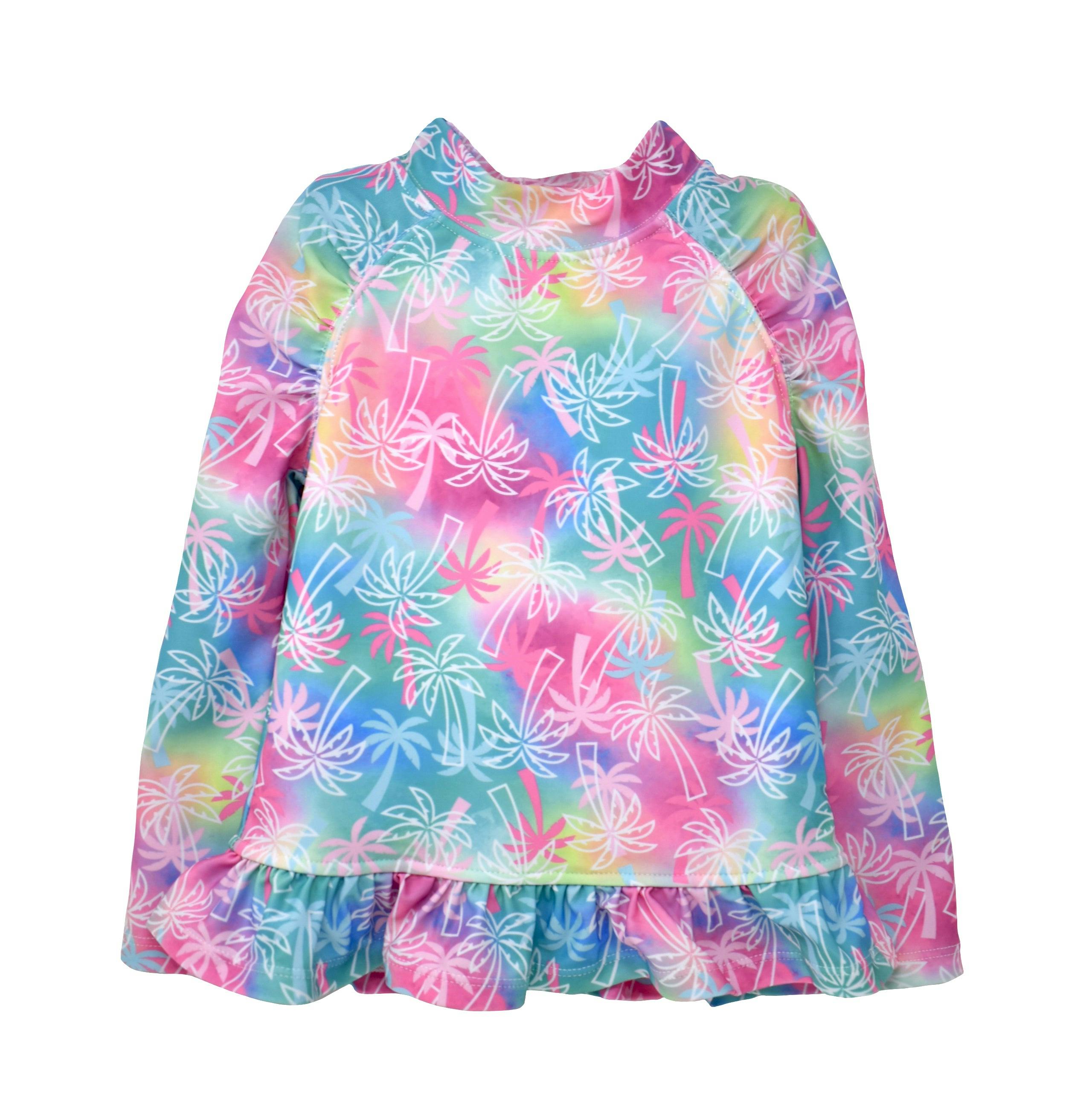 UPF 50+ Ruffle Rash Guard | Pink Tropical Palms