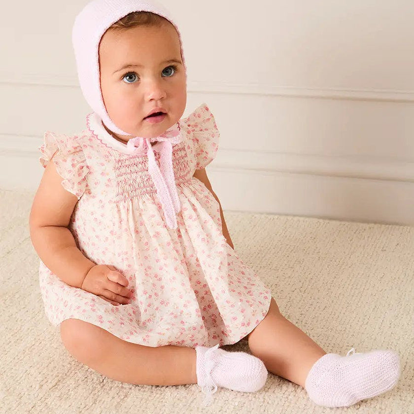 Martha Floral Hand Smocked Cap Sleeve Scallop Collar Dress in Pink (1-9mths)