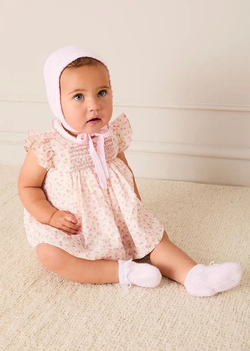 Martha Floral Hand Smocked Cap Sleeve Scallop Collar Dress in Pink (1-9mths)