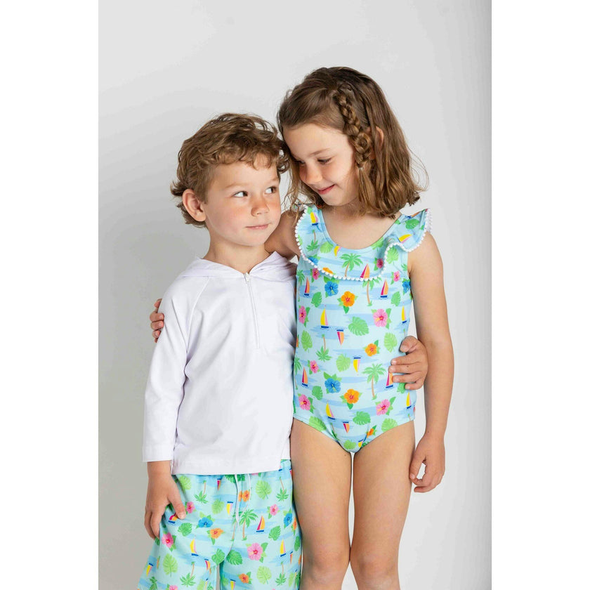 Tropical Print Ruffle Neck Swimsuit