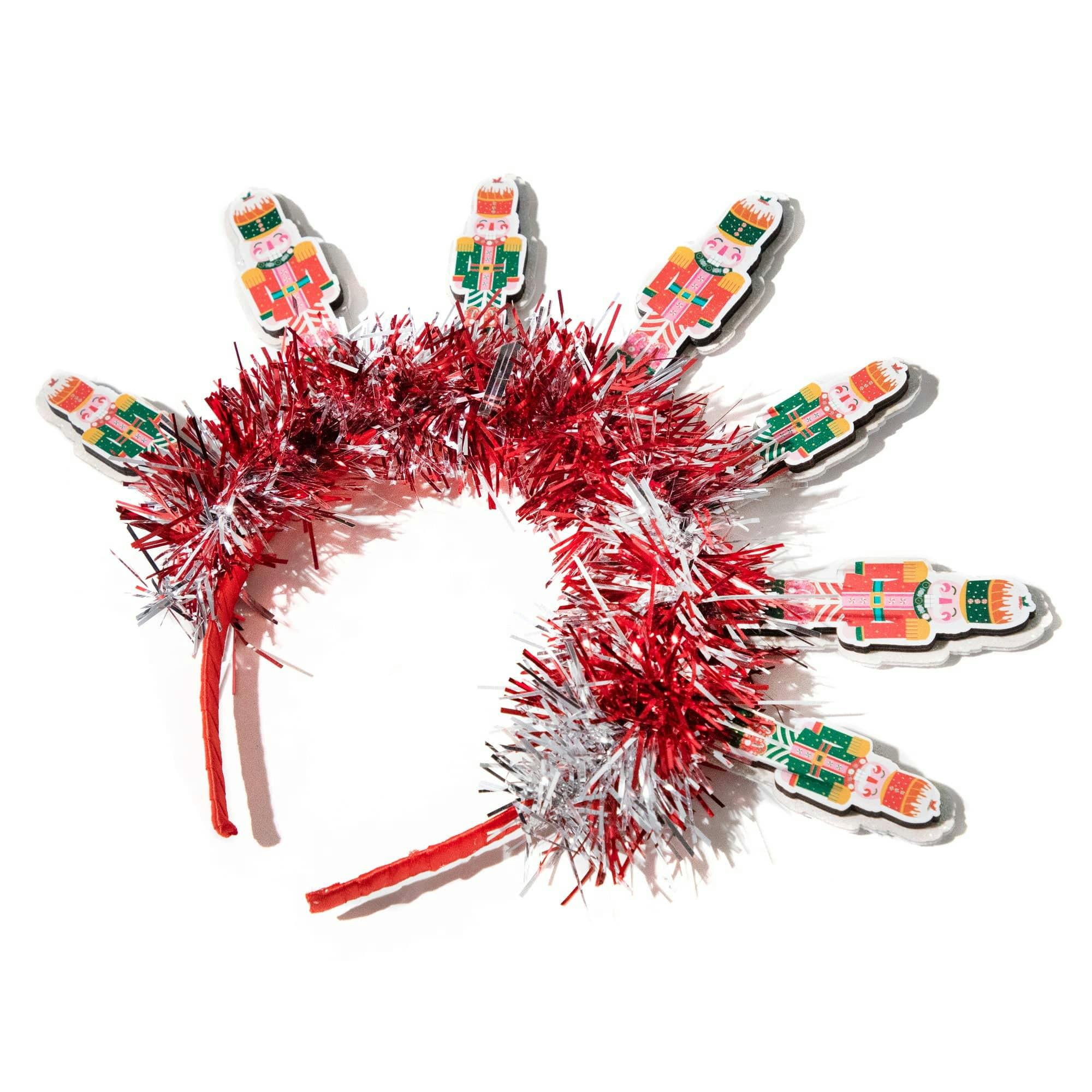 Packed Party Nutcracker Novelty Holiday Headband - Red Tinsel Headband with Mini Nutcrackers for Christmas Parties and Holiday Celebrations, One Size Fits All