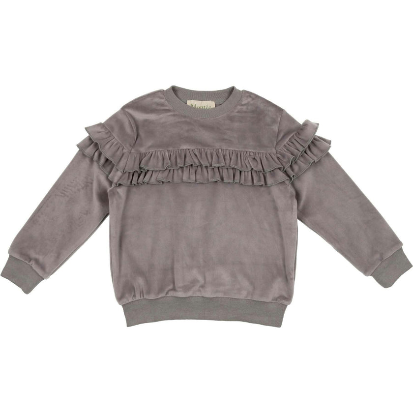Velour Crew Neck Ruffle Chest Long Sleeve Sweatshirt