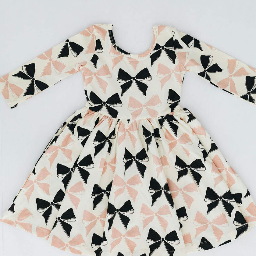 3/4 Sleeve Twirl Dress in Vintage Pink and Black Bows