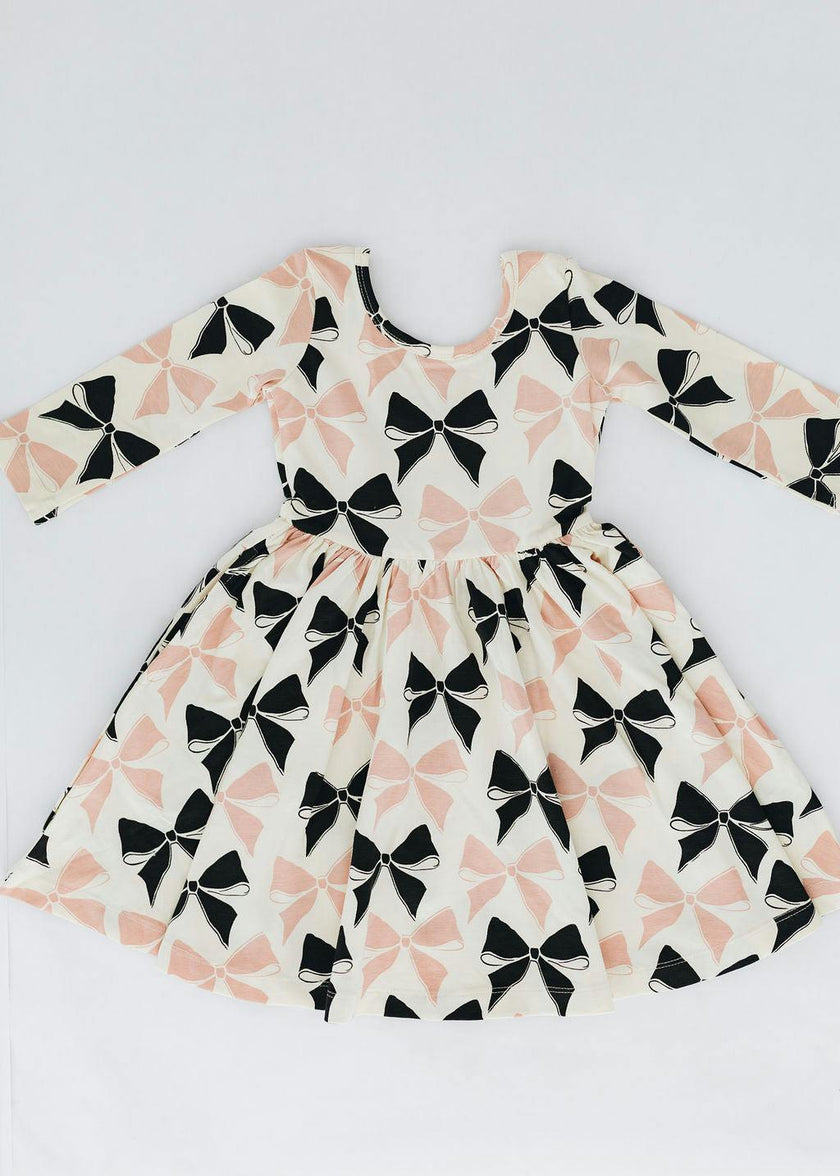 3/4 Sleeve Twirl Dress in Vintage Pink and Black Bows