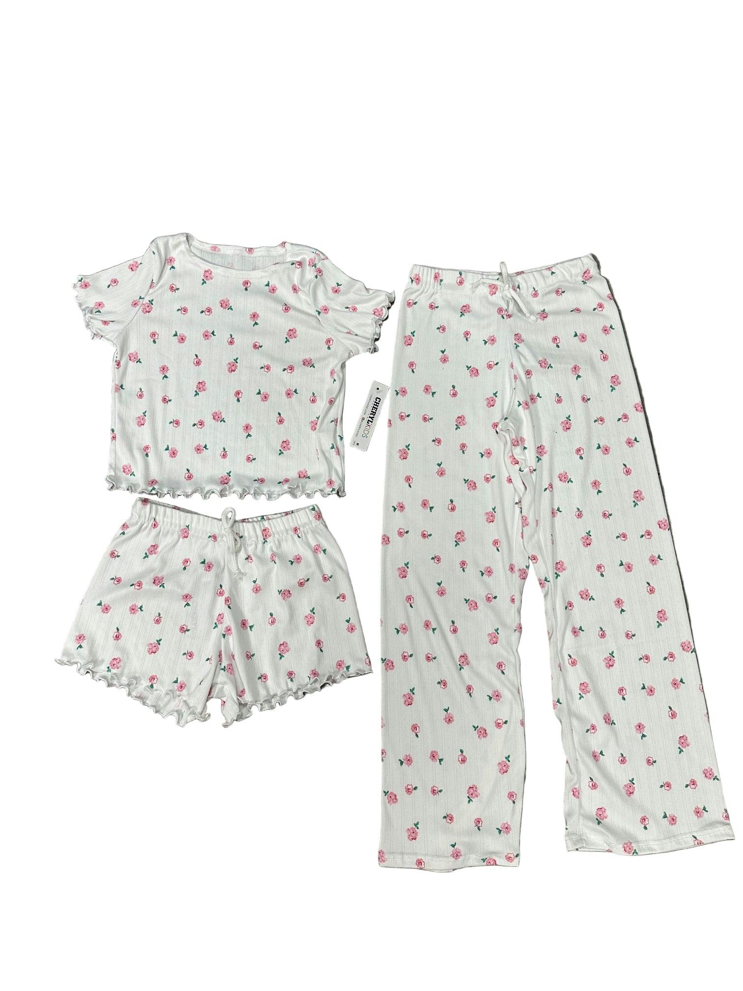 Girls Printed Lounge 3 Pc Short Sleeve Top Pants and Shorts Set
