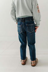Girls Paperbag Denim Pants in Dark Blue Wash