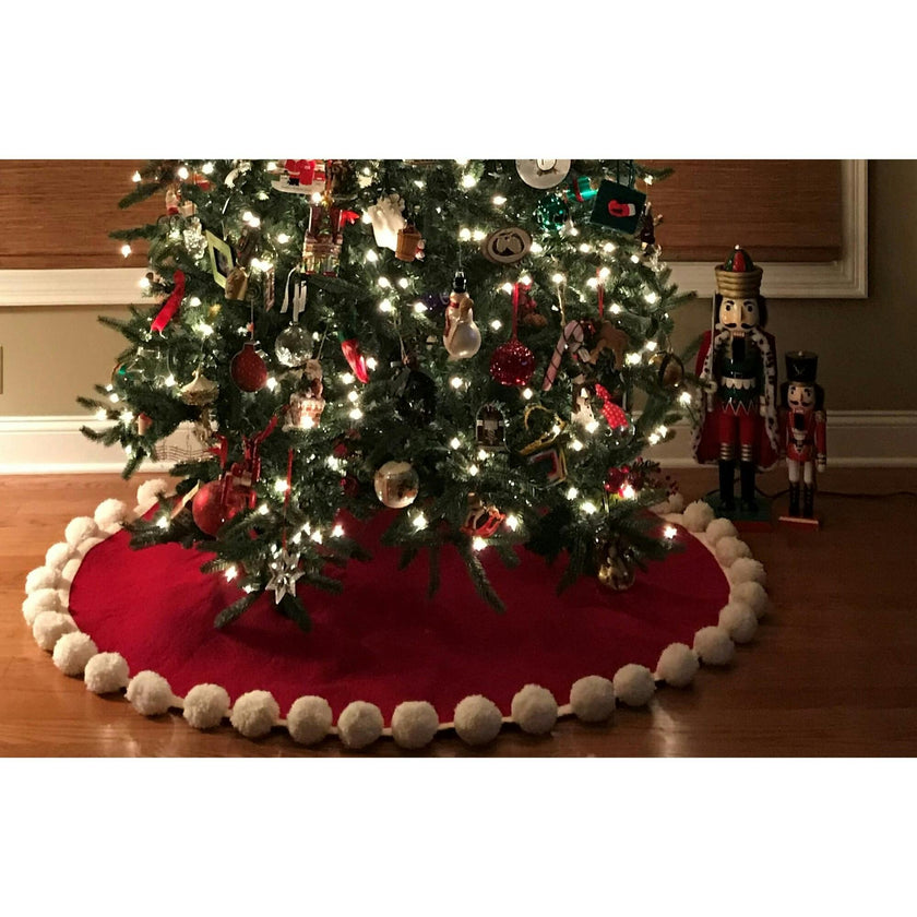 Handmade Christmas Tree Skirt Felt - Pom Poms Red 63" / 72"