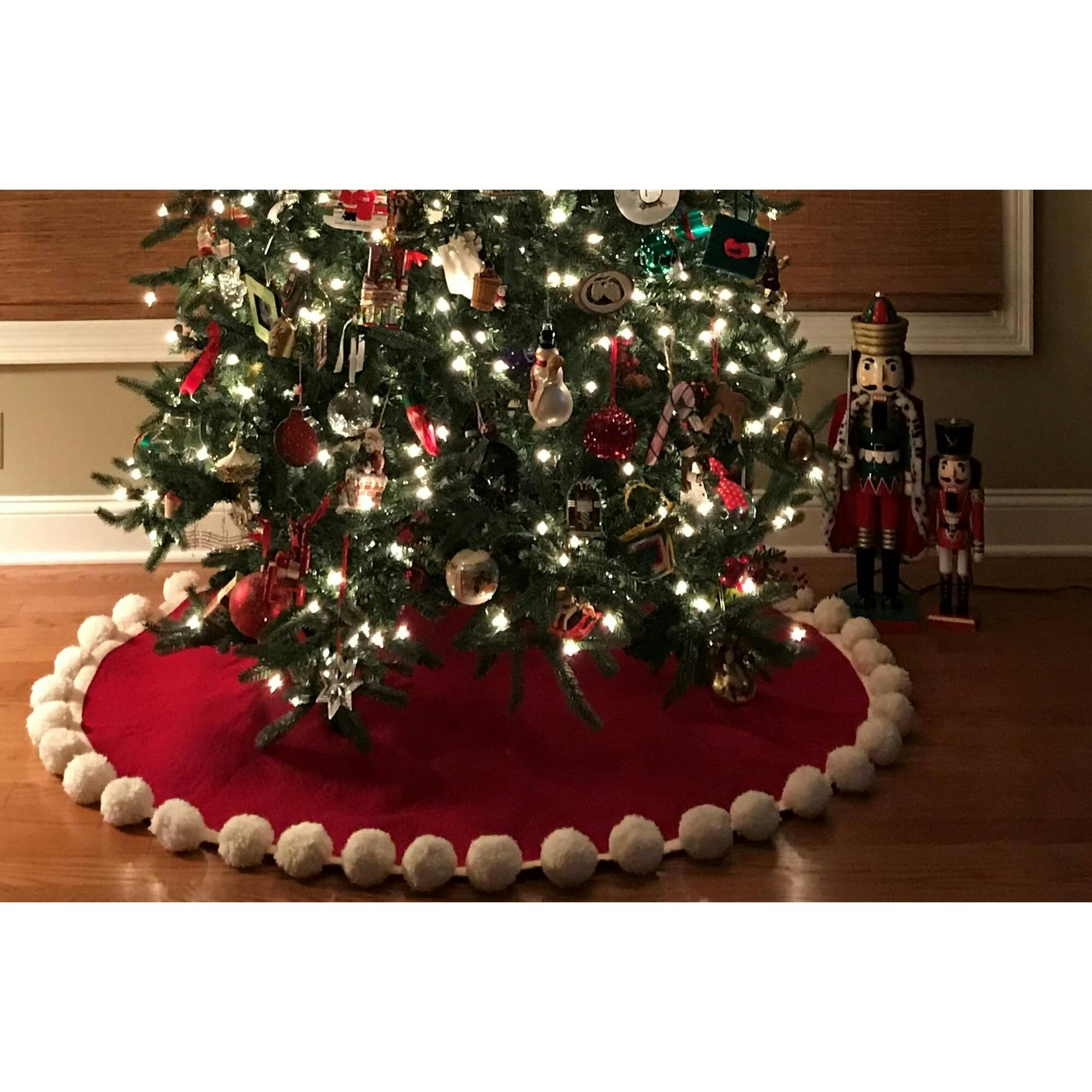 Handmade Christmas Tree Skirt Felt - Pom Poms Red 63