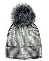 Metallic Stamp Hat With Faux Fur Pom