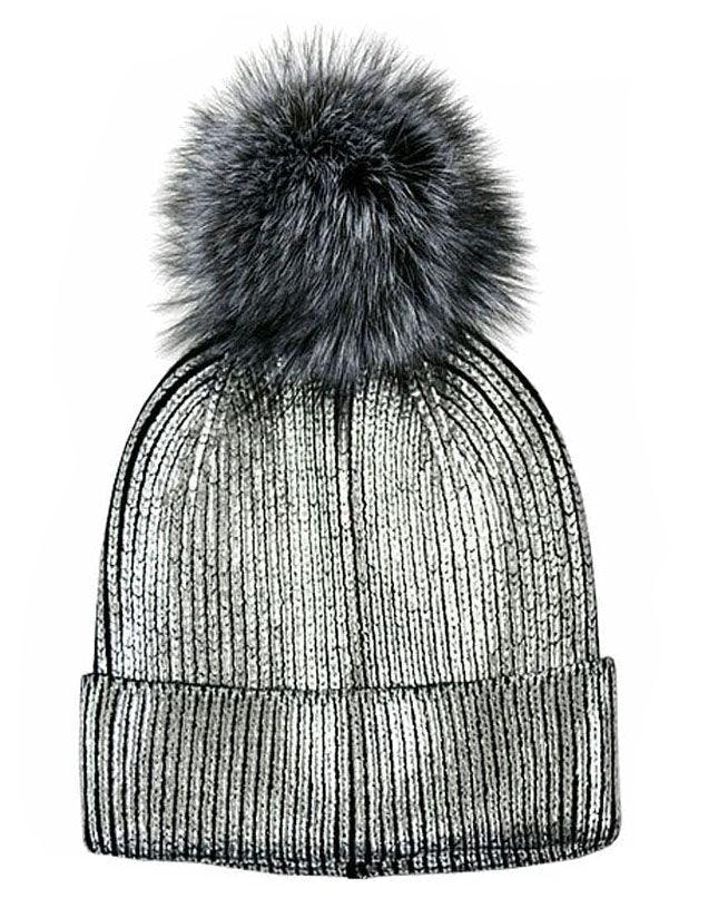 Metallic Stamp Hat With Faux Fur Pom