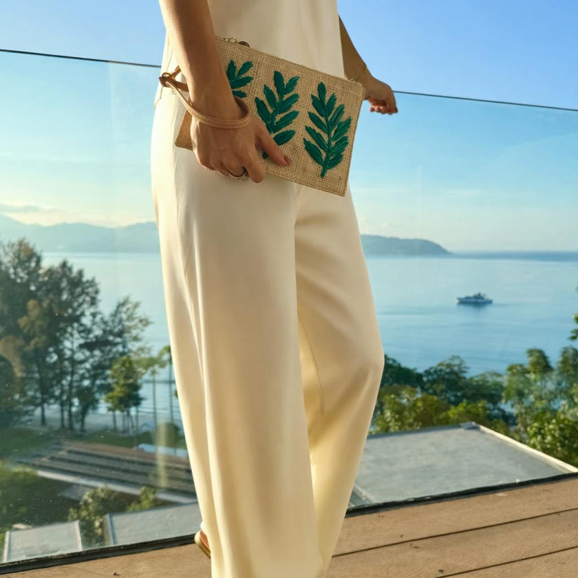 Monstera Straw Pouch Wristlet Bag