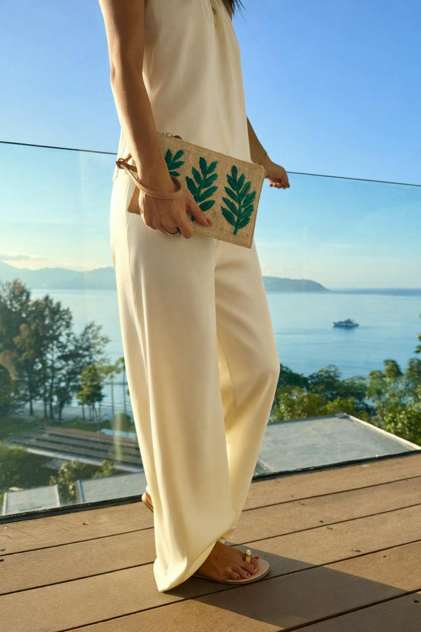Monstera Straw Pouch Wristlet Bag