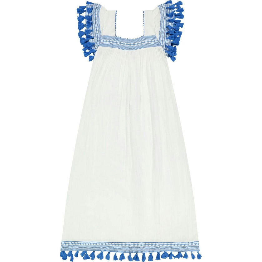Maxi Sandrine Women's Dress White Lapis Blue Embroidery, Blue