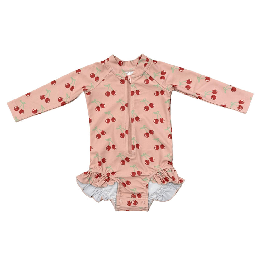 Girls One-Piece Ruffle Rash Guard Swimsuit in Cherries