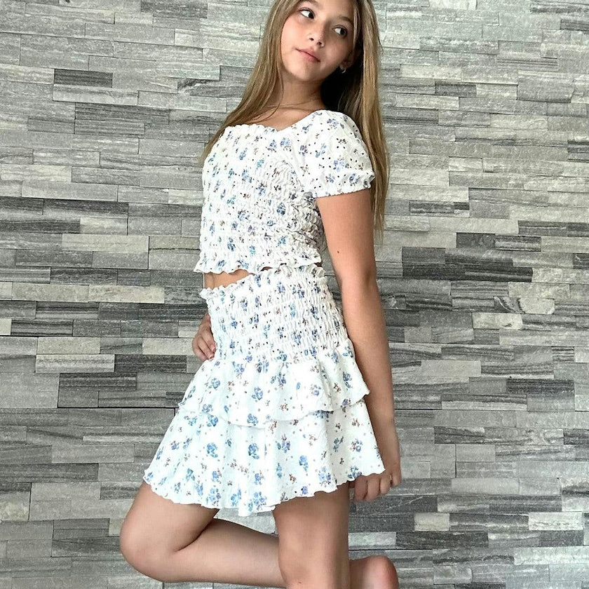 Girls Smock Eyelet 2 Piece Skirt Set