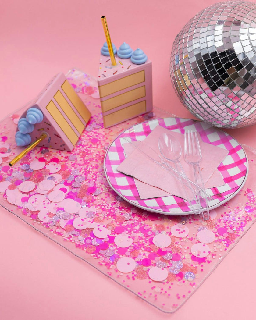Packed Party Work Party Confetti Multi-Use Desk Mat - 13x18 Inch Clear Vinyl Pink Confetti Desk Mat with Gold Foil Detail for Desks and Keyboards