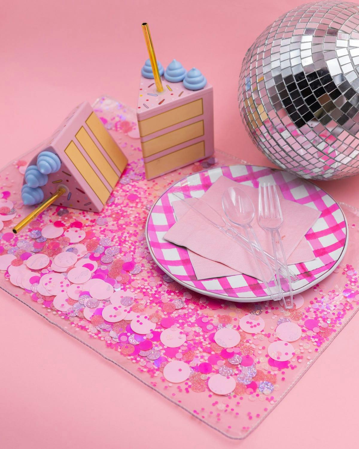 Packed Party Work Party Confetti Multi-Use Desk Mat - 13x18 Inch Clear Vinyl Pink Confetti Desk Mat with Gold Foil Detail for Desks and Keyboards