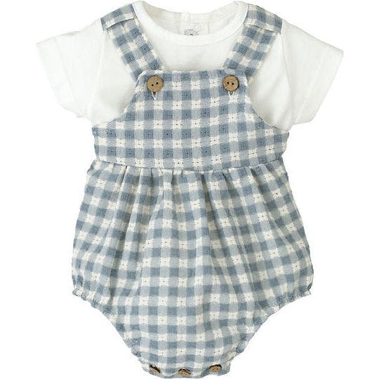 Boys' Blue Gingham Bib Romper and White Tee Set, Blue