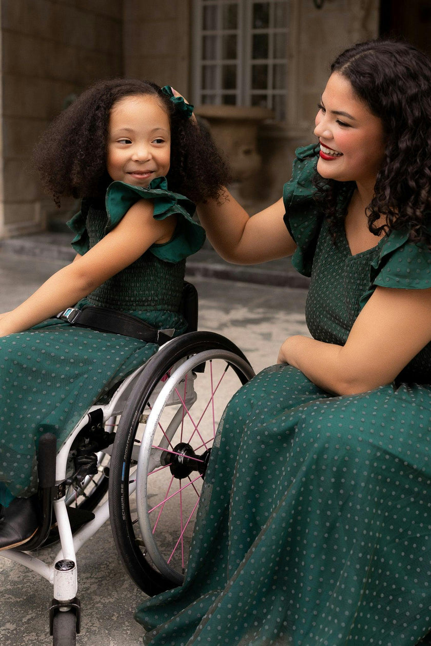 Mini Hattie Dress in Green Flocked Dot Tulle