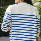 Women's Cream And Blue Stripe Knit Cardigan