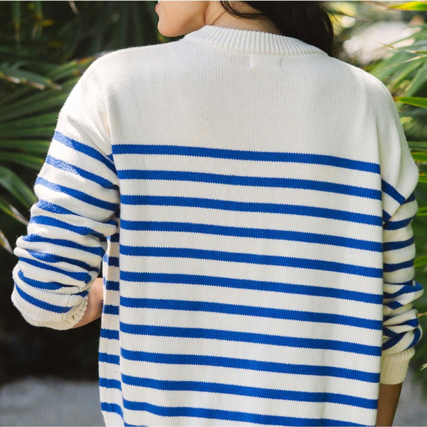 Women's Cream And Blue Stripe Knit Cardigan